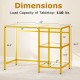 Modern console table dimensions with a golden metal frame, featuring two open shelves and a load capacity of 110 lbs.