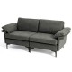 Gray modern fabric loveseat sofa with metal legs and armrest pillows, designed for comfort and stability in compact.