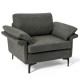 Upholstered accent chair in dark gray fabric with sloped backrest and metal legs, perfect for modern living rooms.