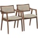 Set of 2 modern rubber wood dining chairs with beige fabric upholstery and armrests, perfect for dining or living rooms.