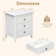 Modern Farmhouse 3-drawer nightstand in white with wood grain accents, featuring dimensions and storage details.