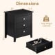 Modern Farmhouse 3-drawer nightstand in black with wood grain accents, showcasing dimensions and storage capacity.