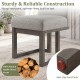 Gray fabric dining chair with thick padded seat and rubber wood frame, featuring anti-slip foot pads for floor.