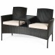 Modern patio conversation set featuring a built-in trapezoid coffee table, high-quality rattan, and beige cushions for.