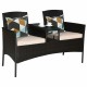 Modern patio conversation set featuring a built-in trapezoid coffee table, beige cushions, and durable rattan design.