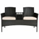 Modern patio conversation set featuring a built-in trapezoid coffee table and beige cushions for outdoor comfort.