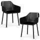 Single black modern plastic dining chair showcasing a breathable mesh backrest and ergonomic armrests for enhanced.
