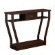 Modern brown sofa accent table with a drawer and open shelf, perfect for displaying decor and saving space.