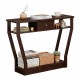 Modern brown sofa accent table with a drawer and open shelf, perfect for displaying decor and organizing essentials.