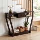 Modern brown sofa accent table with a drawer and open shelf, perfect for displaying decor and keeping your space organized.