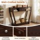 Modern brown sofa accent table with a drawer and open shelf, perfect for displaying decor and storing items.