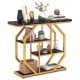 Modern 4-tier console table with black faux marble top and gold geometric frame, perfect for living room organization.
