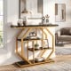 Modern 4-tier console table with faux marble tabletop and gold geometric frame, perfect for living room organization.