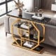 Modern 4-tier console table with black faux marble top and gold frame, perfect for living room or hallway organization.