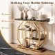 Modern 4-tier console table with black faux marble tabletop and gold geometric frame, perfect for living room decor.