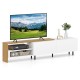 Modern TV stand in white with storage shelves and cabinets, designed for 65"-80" TVs, featuring a sleek, clutter-free.