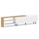Modern TV stand in white with oak top, featuring 2 cabinets and open shelves for organized entertainment storage.