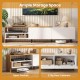 Modern TV stand in white with open shelves and 2 flip door cabinets, perfect for 80-inch TVs and organized storage.