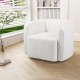 Modern upholstered white sherpa accent chair with curved backrest, 360-degree swivel, perfect for cozy living spaces.
