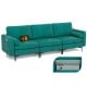 L-shaped 3-seat modular sofa in peacock blue suede with USB port, featuring soft cushions and side pocket for storage.