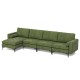 Modular L-shaped 4-seat sectional sofa in army green suede with reversible chaise, USB ports, and soft back cushions.