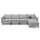 Modular L-shaped sectional sofa in light gray with reversible ottoman and USB ports for convenient charging.