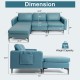 L-shaped sectional sofa with reversible chaise in blue, featuring USB ports and dimensions for optimal living room.