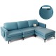 L-shaped blue sectional sofa with reversible chaise, USB ports, and armrest organizer for convenient living room use.