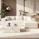 L-shaped modular sectional sofa in beige corduroy, featuring deep seats and supportive backrests for ergonomic comfort.