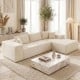 L-shaped modular sectional sofa in beige corduroy with deep seats, designed for ergonomic comfort and easy cleaning.