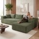 L-shaped modular sectional sofa in green corduroy, featuring deep seats and supportive backrests for ergonomic comfort.