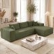 L-shaped green modular sectional sofa with deep seats and corduroy upholstery, perfect for comfortable seating for four.