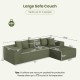 L-shaped green corduroy sectional sofa with deep seats, designed for 4 people, showcasing dimensions and ergonomic.