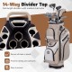 Molded lock top golf cart bag in khaki with 14-way dividers and 11 pockets for secure club storage and easy access.