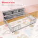 Montessori twin floor bed with toy storage cabinet, gray color, dimensions shown for kids' bedroom or playroom use.