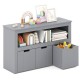 Gray kids toy storage cabinet with open shelves and bins, perfect for organizing toys in bedrooms or playrooms.