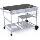 Movable grill table with spacious black tabletop, stainless steel condiment caddies, and multiple storage shelves for.
