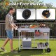 Movable grill table with spacious tabletop, stainless steel condiment caddies, and lockable wheels for backyard BBQs.