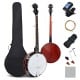 5-string geared tunable banjo with case, digital tuner, and accessories for versatile music performance.