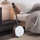 5-string geared tunable banjo with case, featuring a solid plywood frame, adjustable brackets, and a digital tuner.