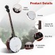 5-string geared tunable banjo with adjustable brackets and metal tailpiece, ideal for country and bluegrass music.