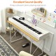 88-key weighted digital piano in white with dual-tone modes, built-in speakers, and sustain pedal for enhanced playing.