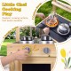 Kids play kitchen featuring two stoves with knobs, removable sinks, and kitchenware for outdoor cooking fun.