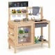 Mud kitchen playset with sink, stainless steel kitchenware, and 12 plant cups for outdoor fun and gardening activities.
