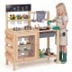 Mud kitchen playset with sink, plant cups, and stainless steel kitchenware for outdoor play and gardening fun.