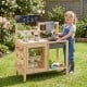 Mud kitchen playset with sink, plant observation room, and stainless steel kitchenware for outdoor play and gardening.