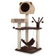 Multi-level cat tree in brown with condo, hammock, and hanging balls for climbing, lounging, and scratching fun.