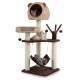 Multi-level cat tree in brown with condo, hammock, and hanging balls, perfect for climbing and lounging.