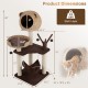 Multi-level cat tree with dimensions displayed, featuring a cozy cat condo and plush hammock for climbing and lounging.