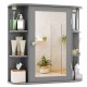 Gray wall-mounted bathroom storage cabinet with mirror and six open shelves for versatile organization and easy access.